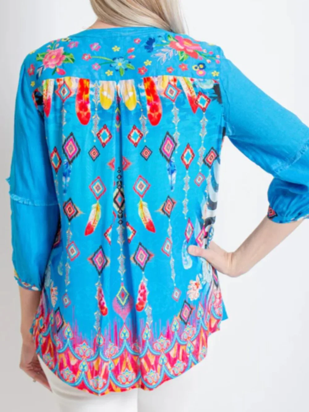 John Mark Turquoise Floral Embroidered Tunic Bohemian Colorful Artsy Button-Up S - Picture 2 of 7